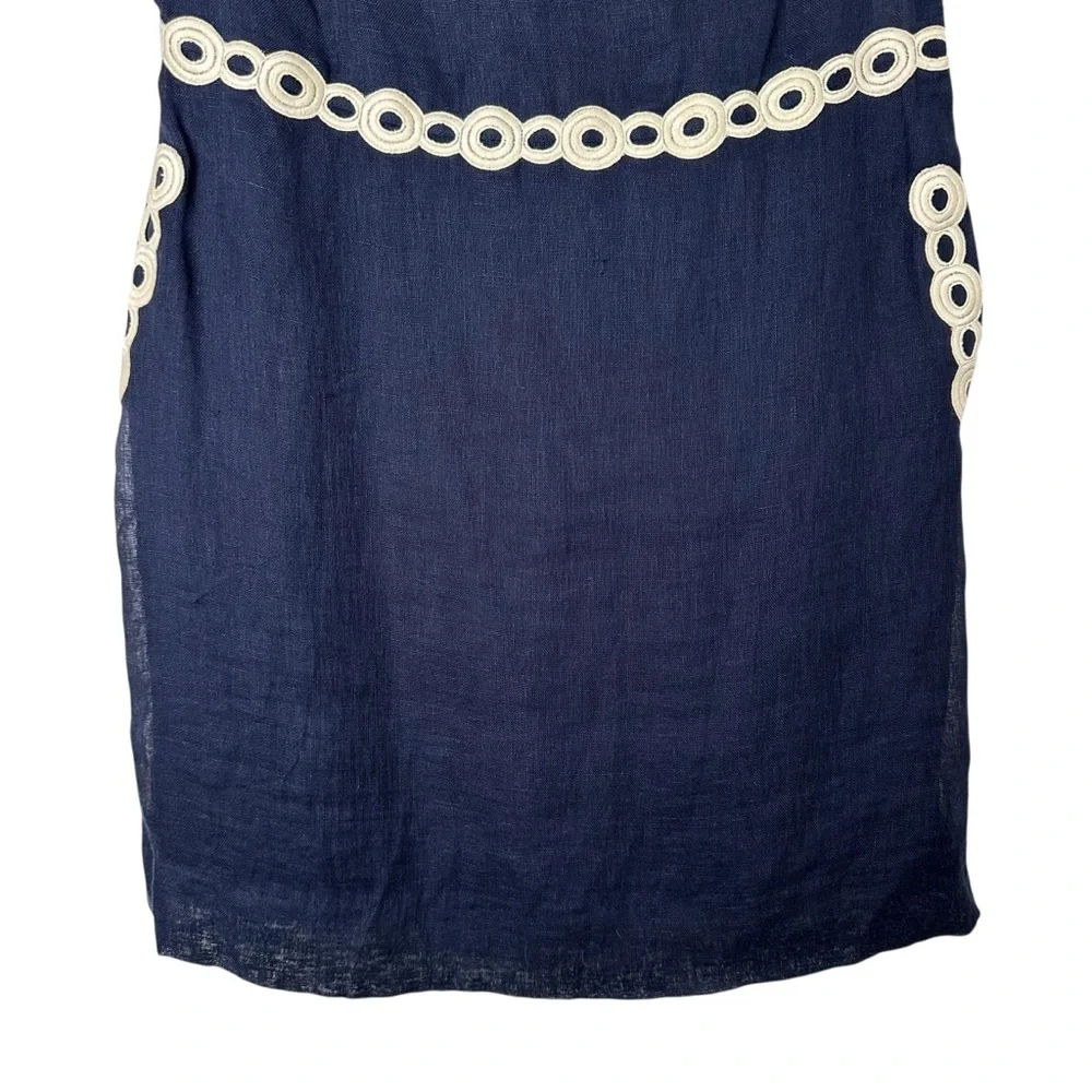 TORY‎ BURCH Linen Dress Navy Blue White Appliqué Eyelet Resort Coastal Chic Sz 6